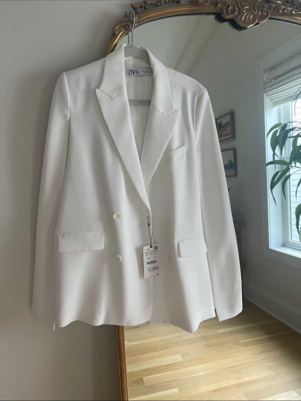 NWT ZARA White Double-Breasted cape Blazer Dress, Sz small